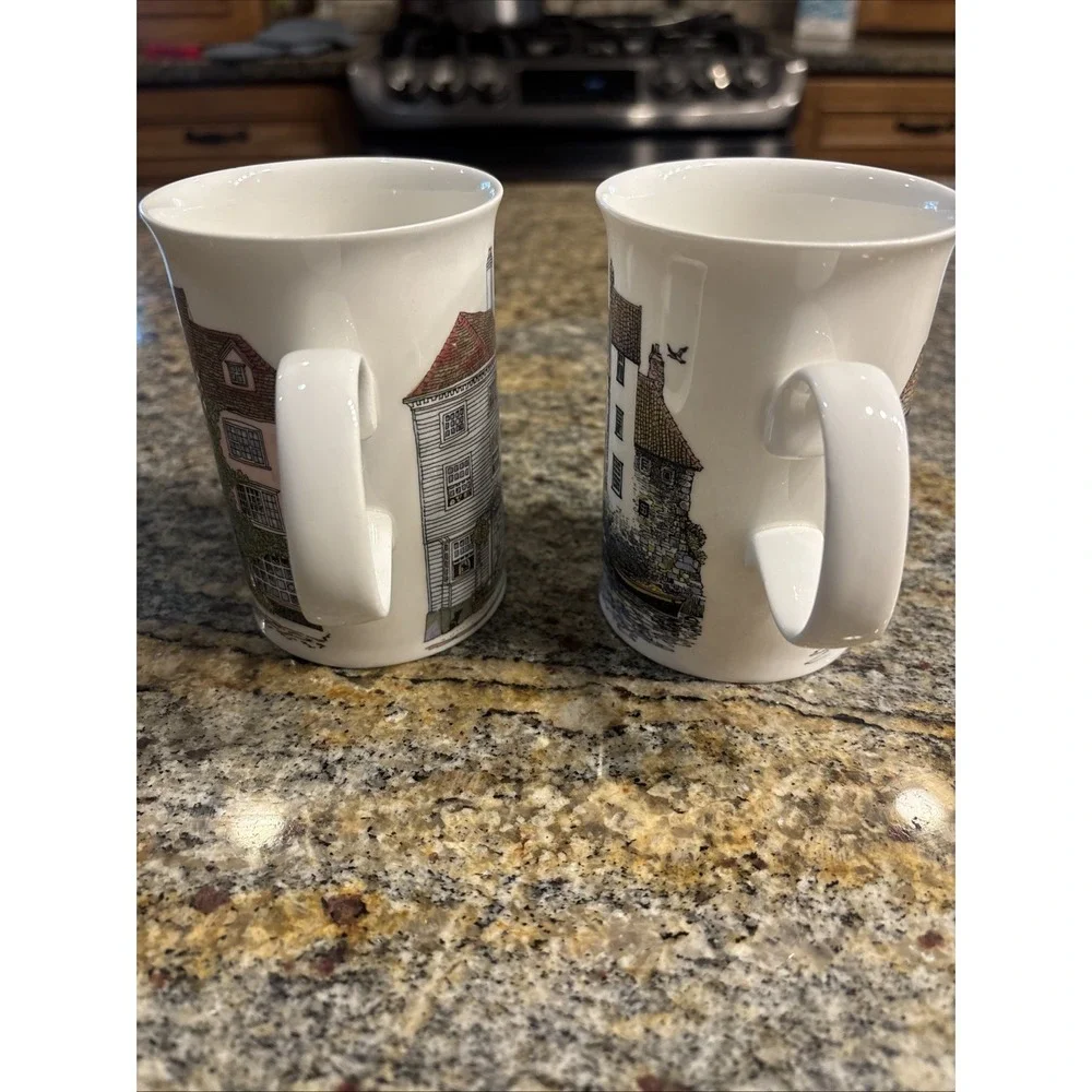 2 Dunoon Mugs English Cottages Sue Scullard Tea Cup Made England Fine Bone China